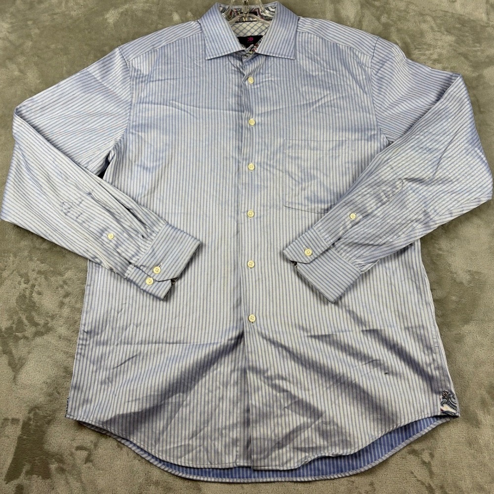 Egara Mens Striped Dress Shirt Blue White Herringbone Paisley Trim Large 16.5‎